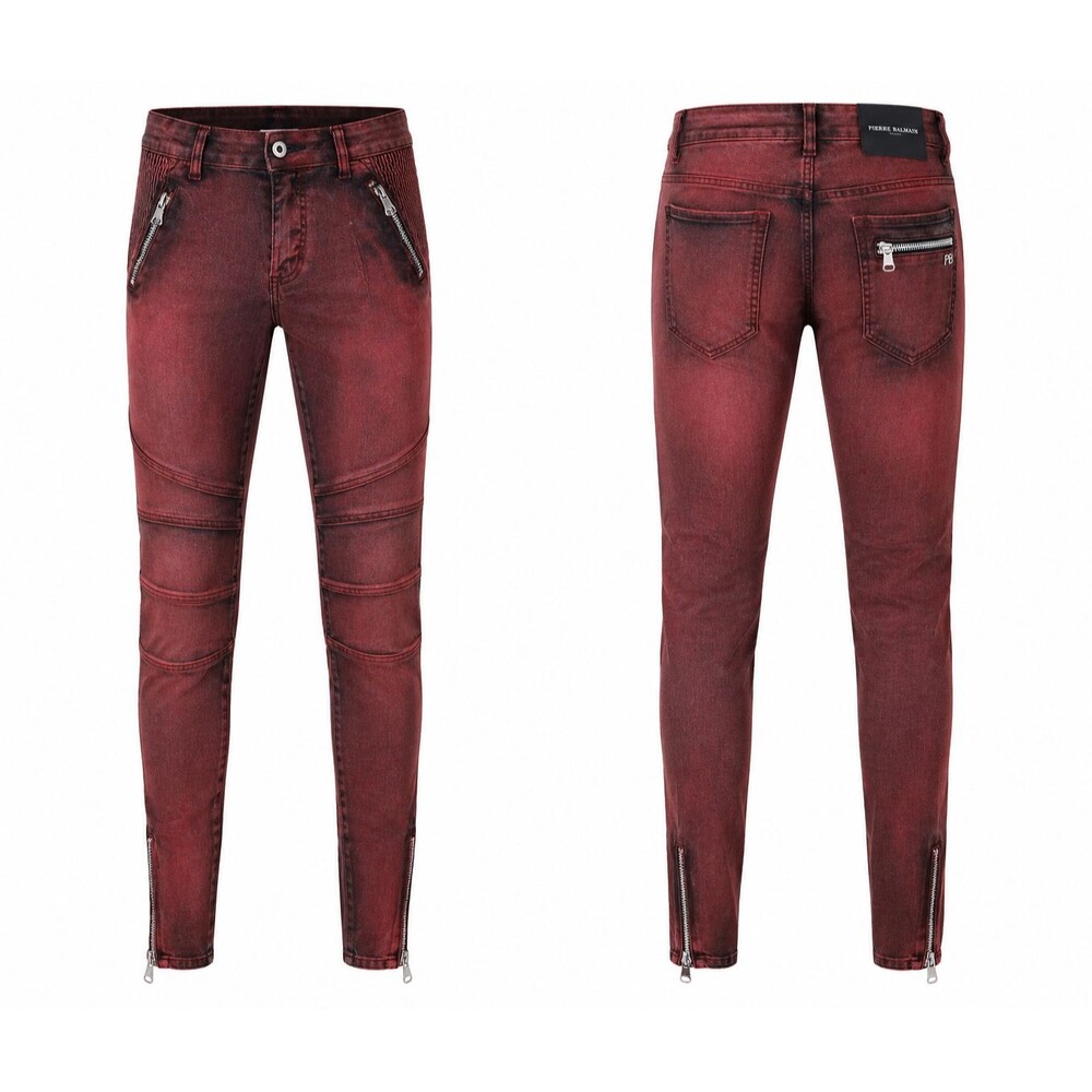 Authentic Pierre Balmain Biker Jeans Men's 32 IT46 Burgundy Red Moto RiRi Zip